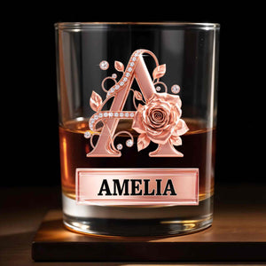 Elegant Rose Gold Alphabet Initial Floral Rose And Diamonds - Personalized Custom Whiskey Glass - DTG141_RWG