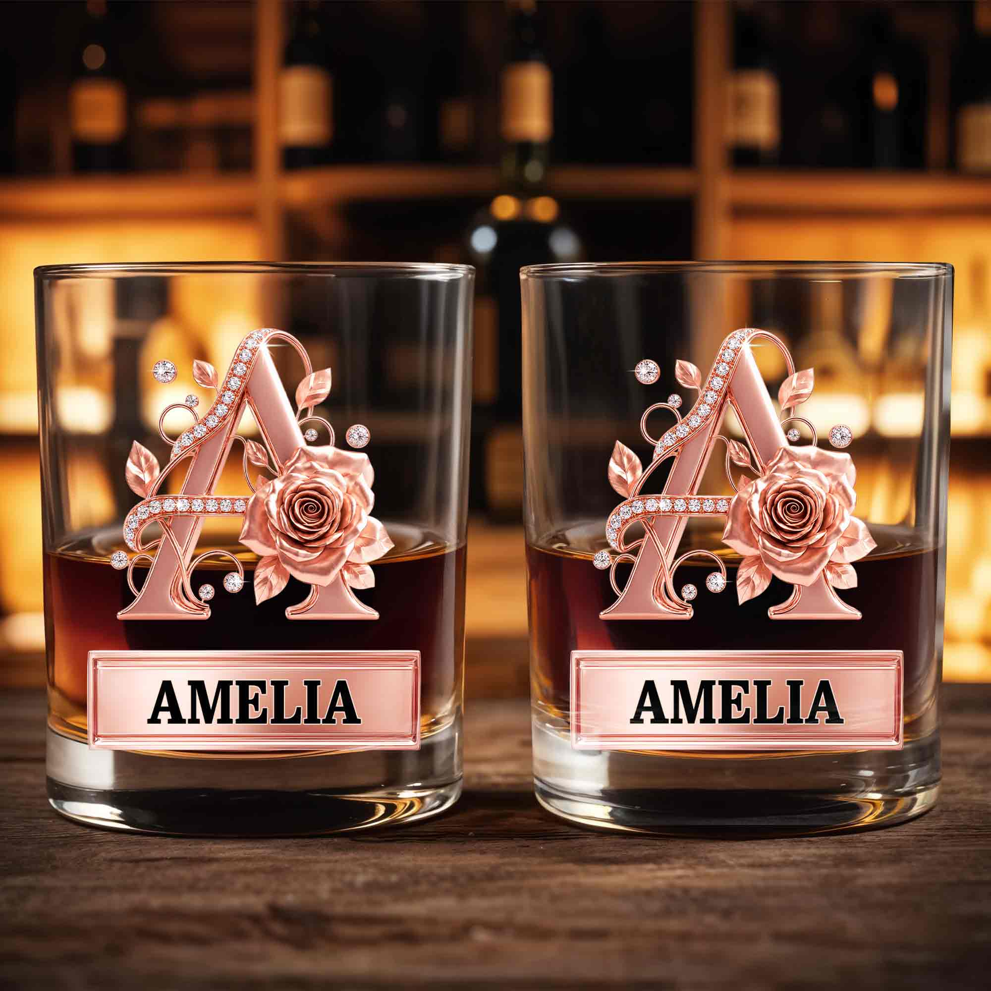 Elegant Rose Gold Alphabet Initial Floral Rose And Diamonds - Personalized Custom Whiskey Glass - DTG141_RWG
