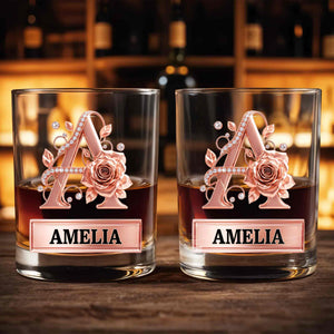 Elegant Rose Gold Alphabet Initial Floral Rose And Diamonds - Personalized Custom Whiskey Glass - DTG141_RWG