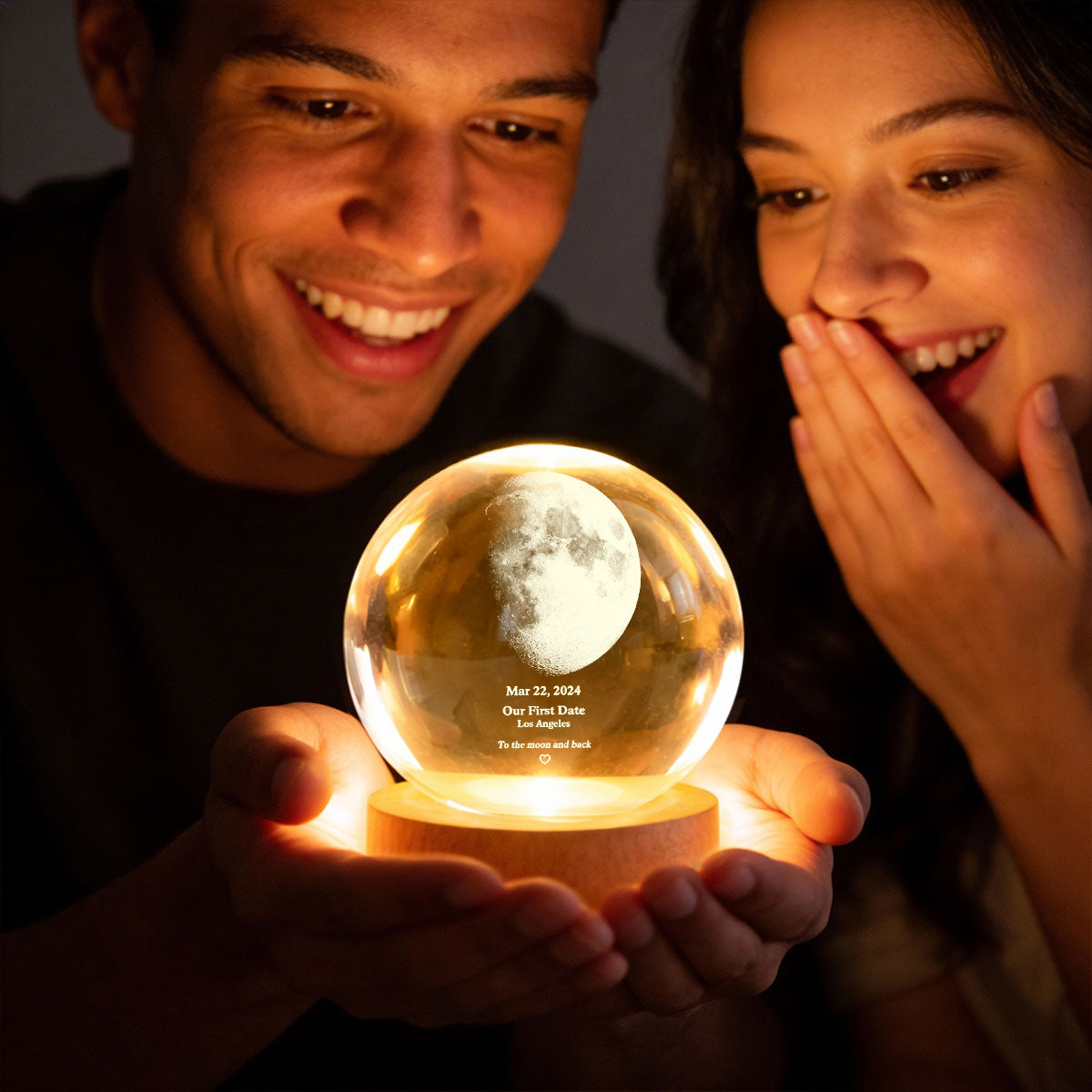 Couple Love to the Moon and Back Moon Phase by Date - Personalized Crystal Ball LED Night Light