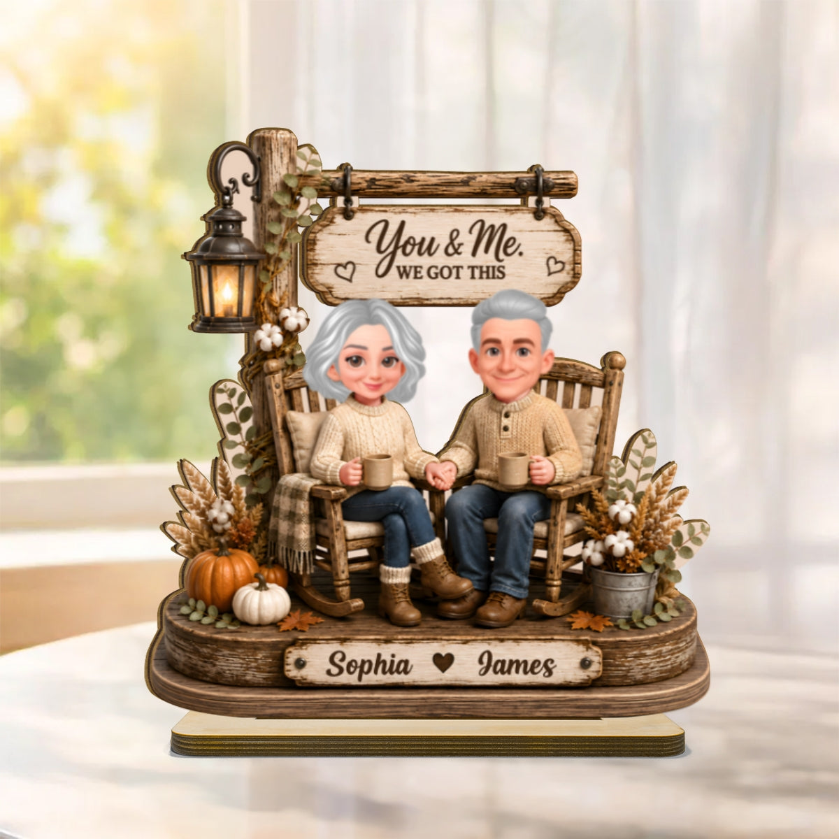 Husband Wife Sitting on Rocking Chair - Personalized 2-Layered Wooden Plaque