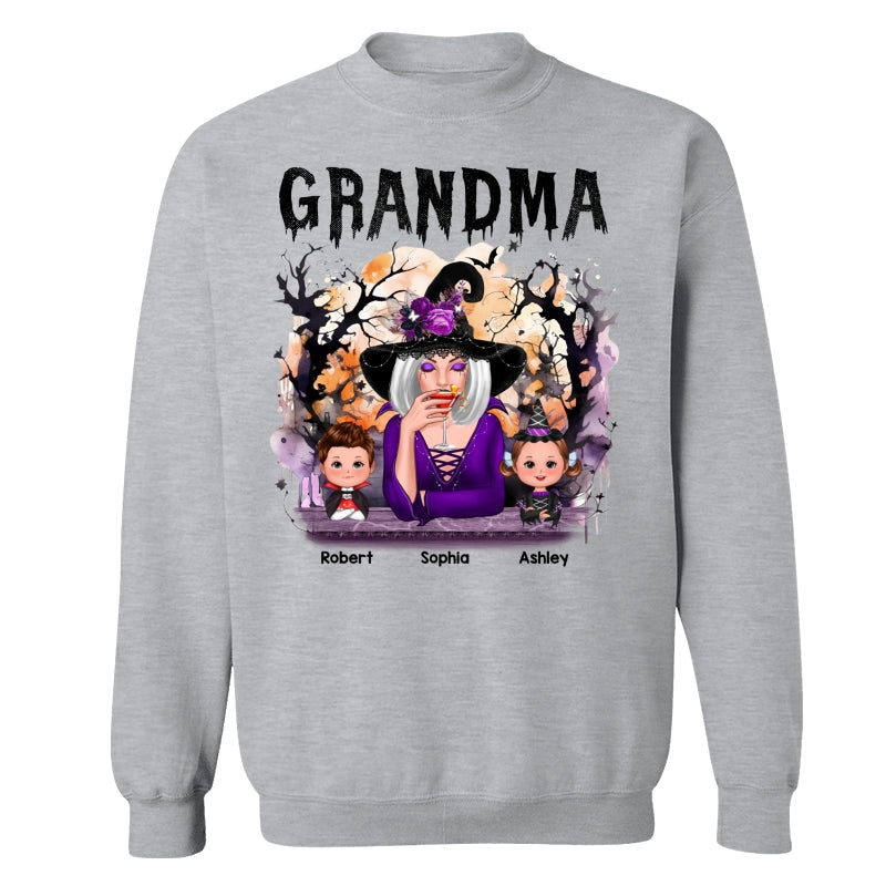 Halloween Orange Purple Dripping Grandma Grandkids Personalized Shirt - Sweatshirt Ash