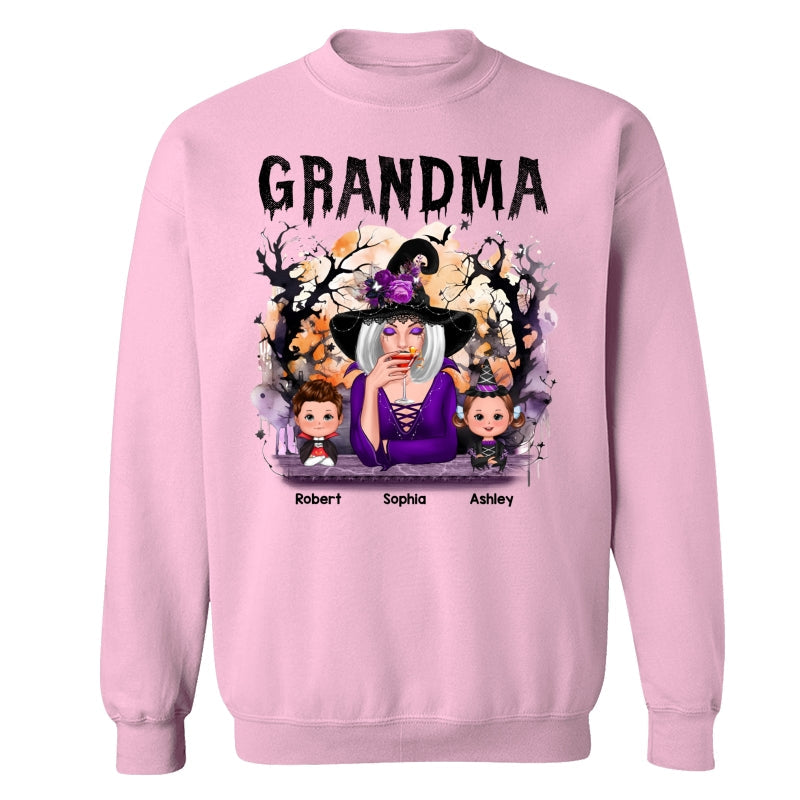 Halloween Orange Purple Dripping Grandma Grandkids Personalized Shirt - Sweatshirt Light Pink