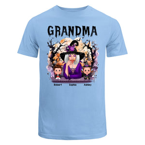 Halloween Orange Purple Dripping Grandma Grandkids Personalized Shirt - Classic Tee Light Blue