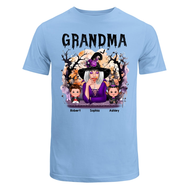 Halloween Orange Purple Dripping Grandma Grandkids Personalized Shirt - Classic Tee Light Blue