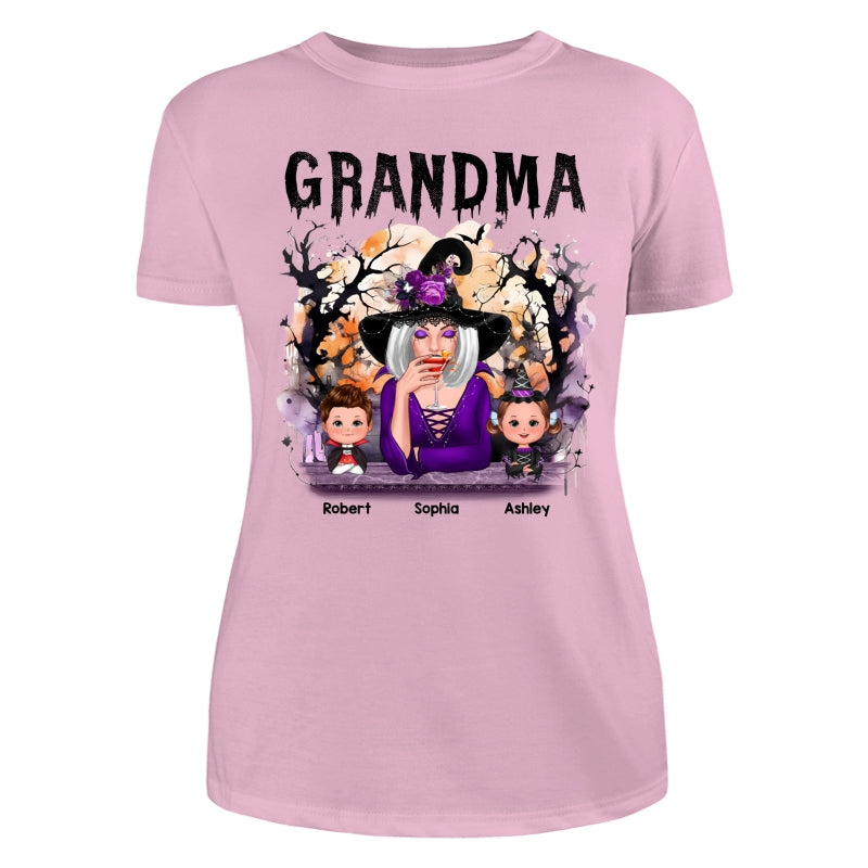 Halloween Orange Purple Dripping Grandma Grandkids Personalized Shirt - Women Tee Light Pink
