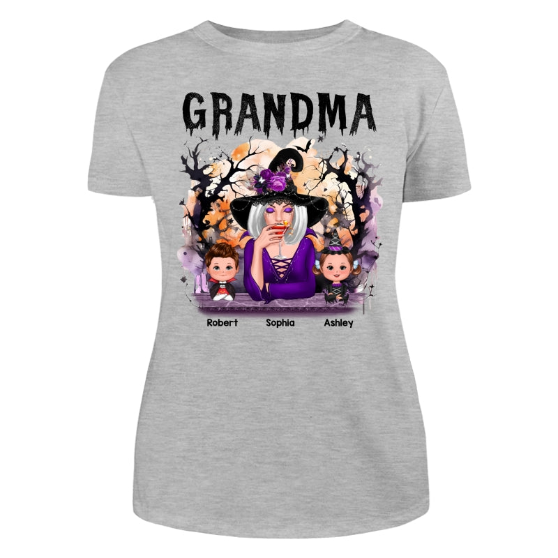 Halloween Orange Purple Dripping Grandma Grandkids Personalized Shirt - Women Tee Ash