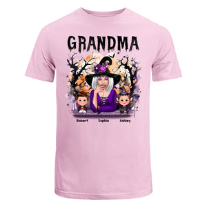 Halloween Orange Purple Dripping Grandma Grandkids Personalized Shirt - Classic Tee Light Pink