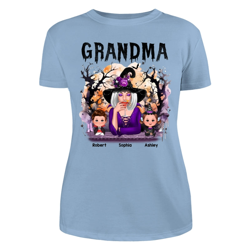Halloween Orange Purple Dripping Grandma Grandkids Personalized Shirt - Women Tee Light Blue