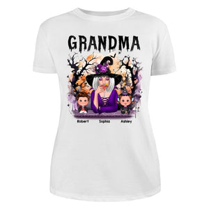 Halloween Orange Purple Dripping Grandma Grandkids Personalized Shirt - Women Tee White