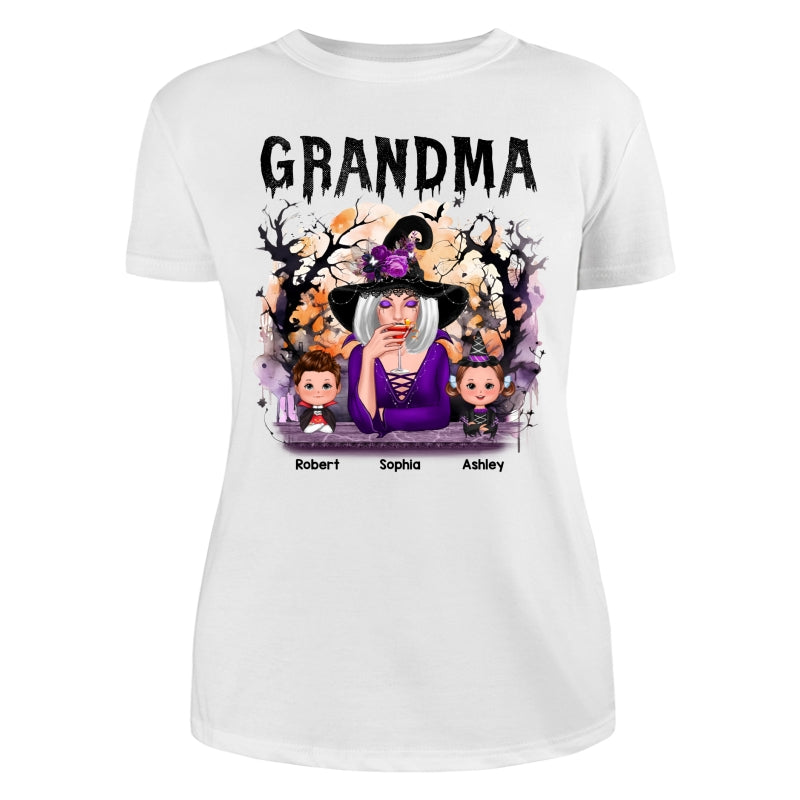 Halloween Orange Purple Dripping Grandma Grandkids Personalized Shirt - Women Tee White