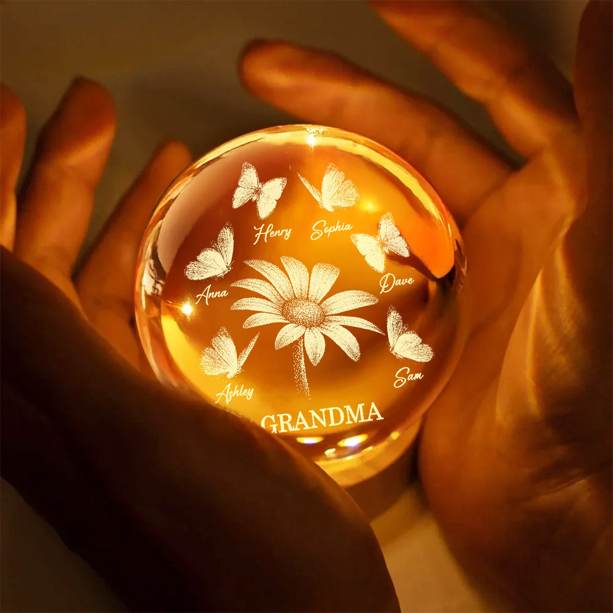 Daisy Flower Butterflies Grandma Grandkids - Personalized Crystal Ball LED Night Light