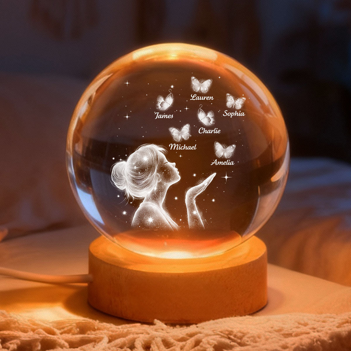 Grandma Mom Butterflies Kiss - Personalized Crystal Ball LED Night Light
