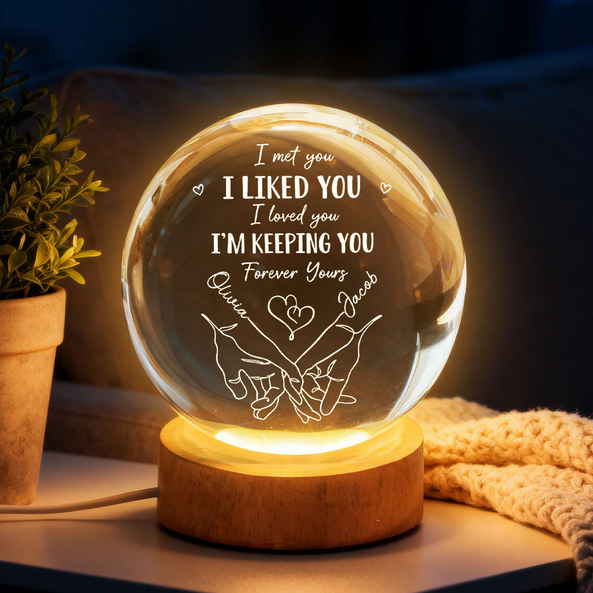 Couple Interlocked Hands I Met You I Loved You - Personalized Crystal Ball LED Night Light