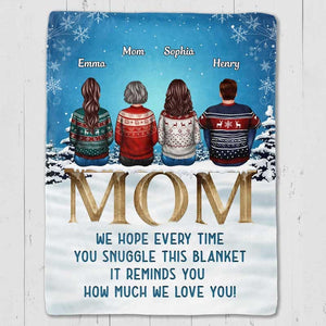 Mom we love you snow blue background personalized fleece blanket