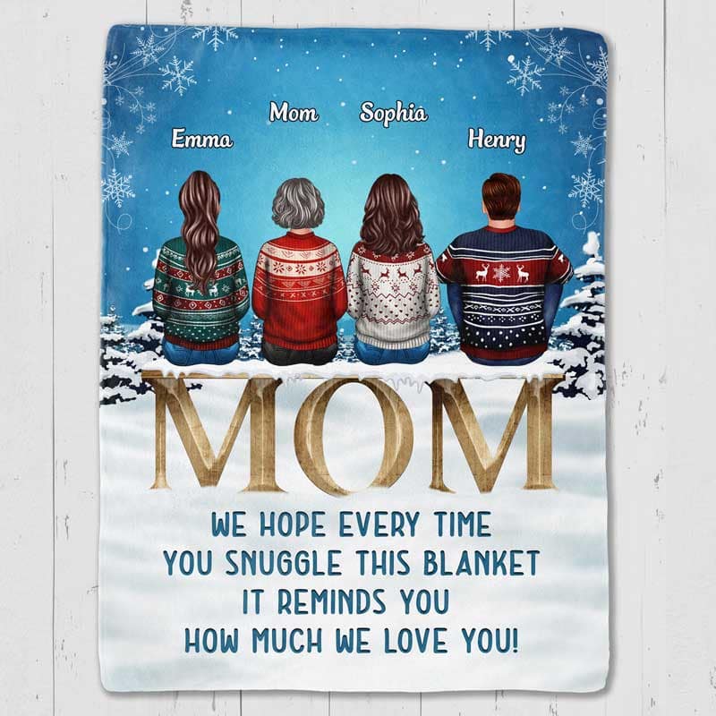 Mom we love you snow blue background personalized fleece blanket