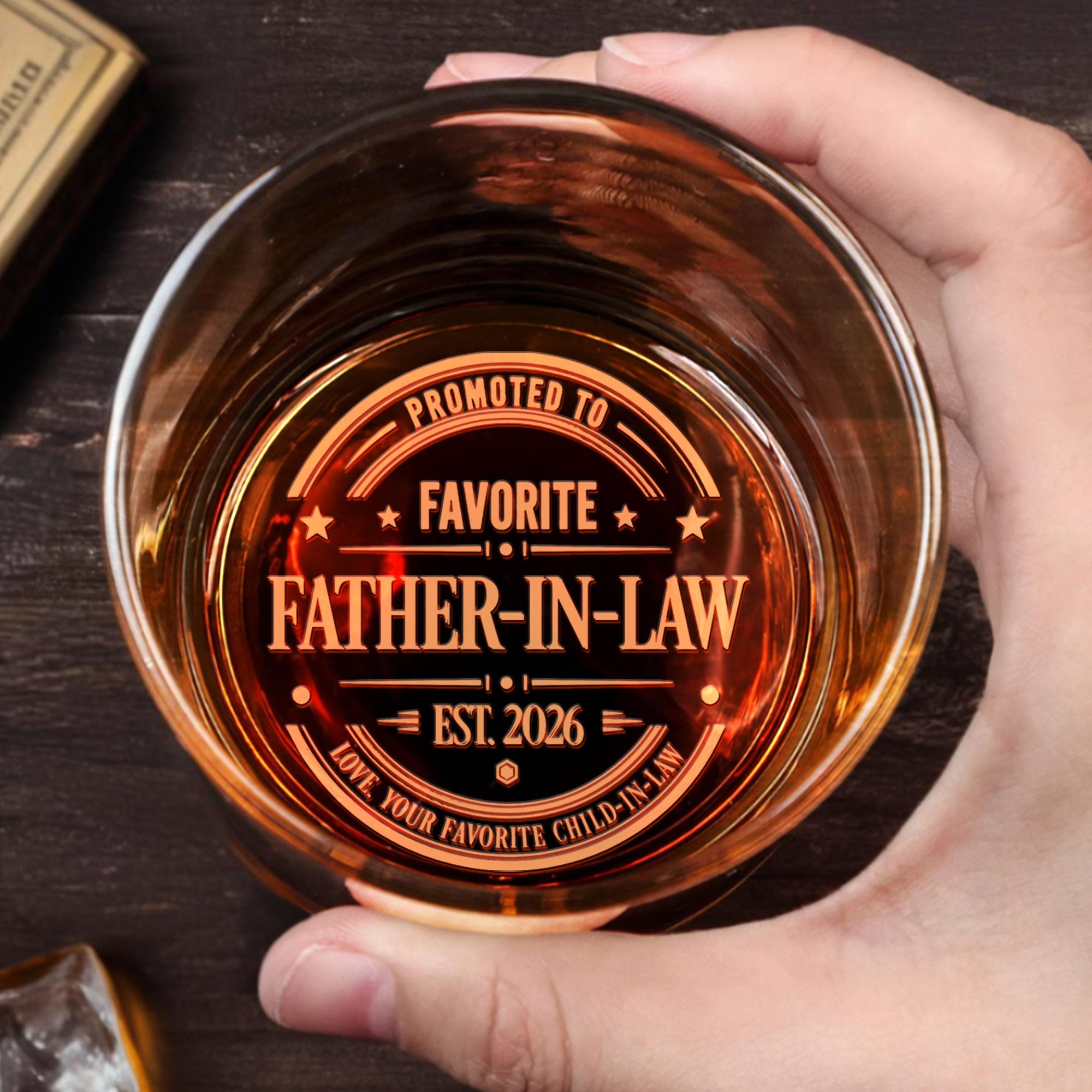 Promoted To Favorite Father In Law Golden Badge Seal - Personalized Engraved Whiskey Glass - FALA003_EWG