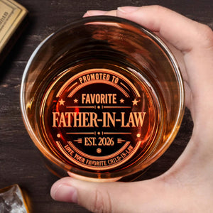 Promoted To Favorite Father In Law Golden Badge Seal - Personalized Engraved Whiskey Glass - FALA003_EWG
