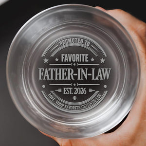 Promoted To Favorite Father In Law Golden Badge Seal - Personalized Engraved Whiskey Glass - FALA003_EWG