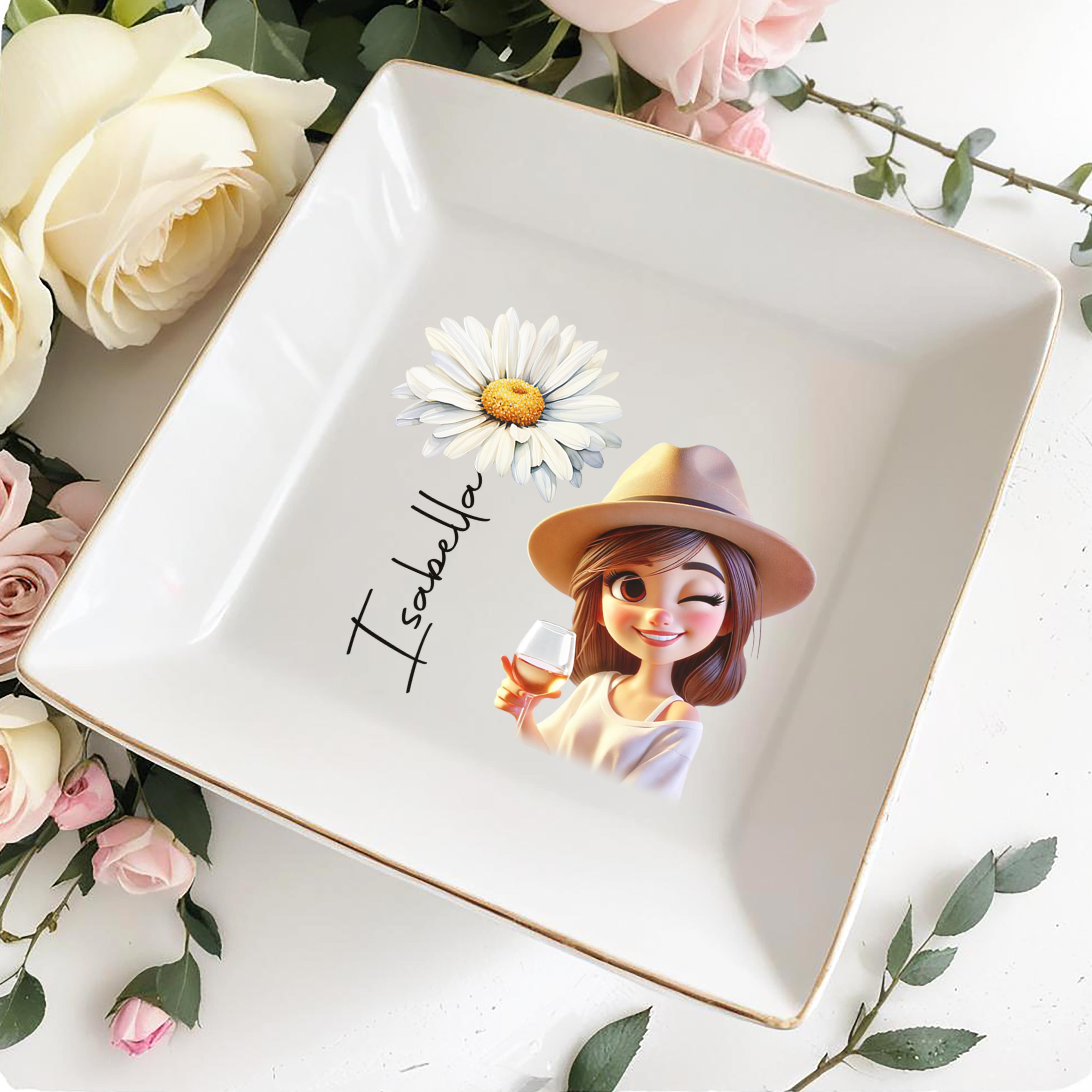 Enjoy The Little Moments Daisy And Wine Design - Personalized Custom Jewelry Dish - FAM060_SCRD