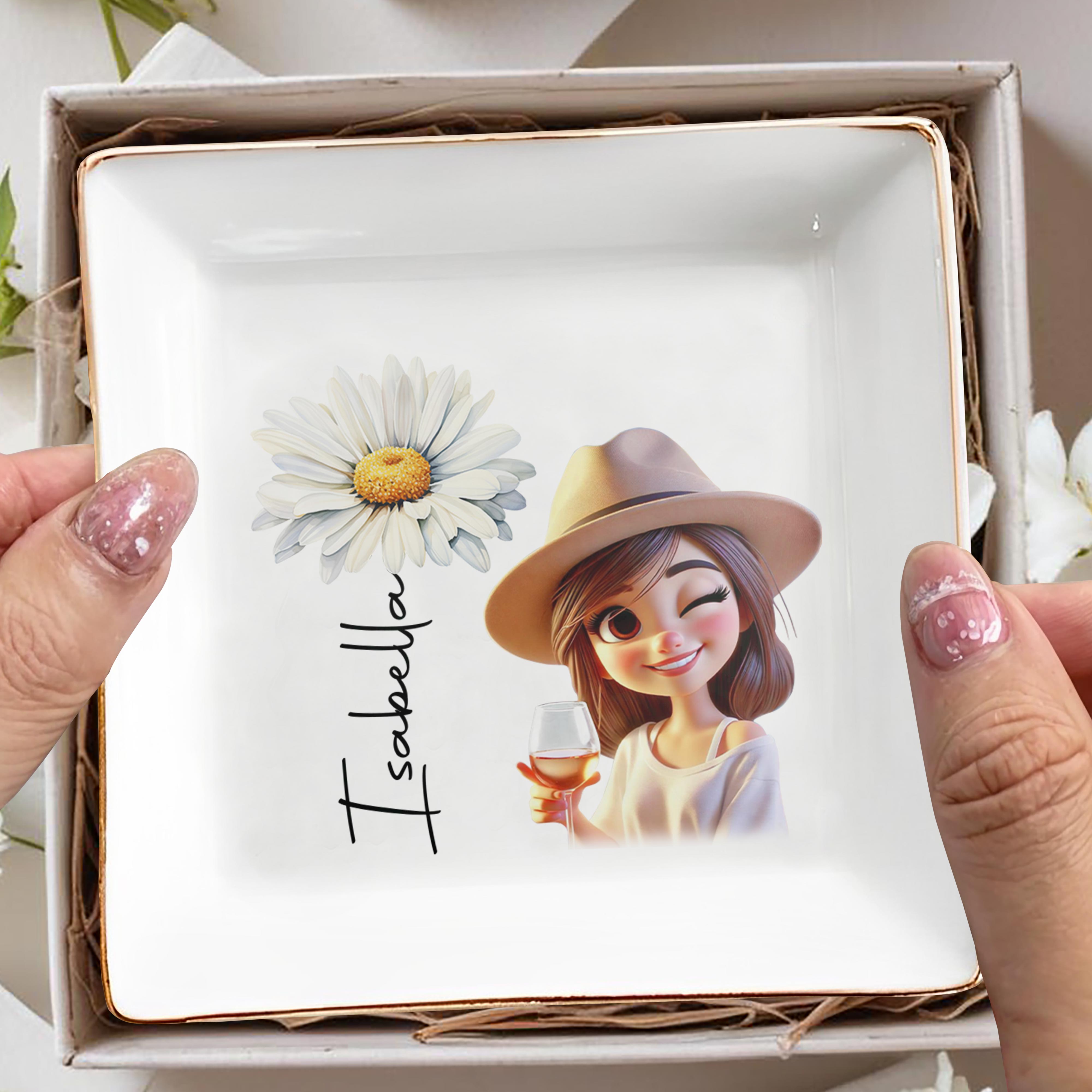 Enjoy The Little Moments Daisy And Wine Design - Personalized Custom Jewelry Dish - FAM060_SCRD