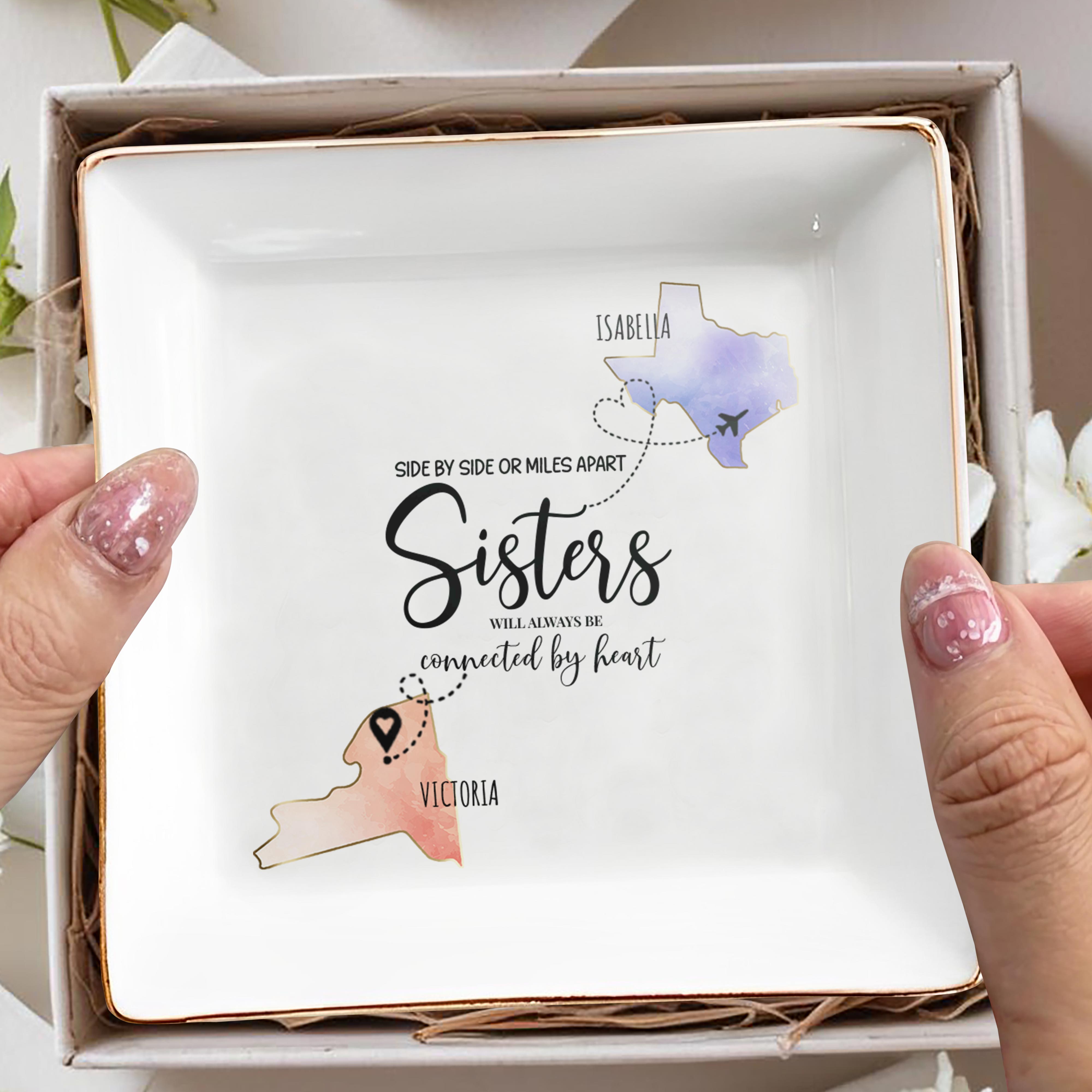 Sisters Connected By Heart - Personalized Custom Jewelry Dish - FAM063_SCRD