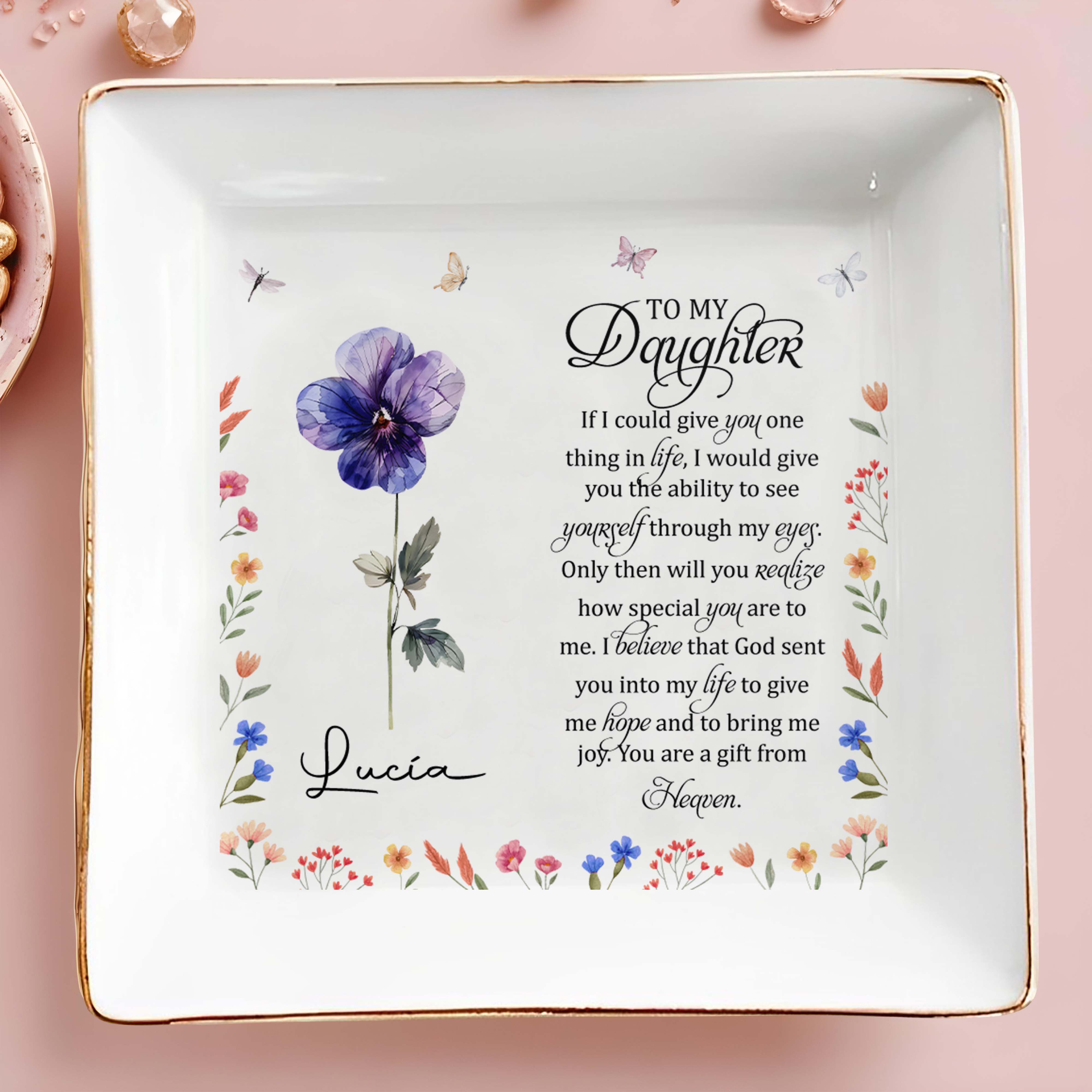 Gift From Heaven Quote With Flowers and Butterflies - Personalized Custom Jewelry Dish - FAM115_SCRD