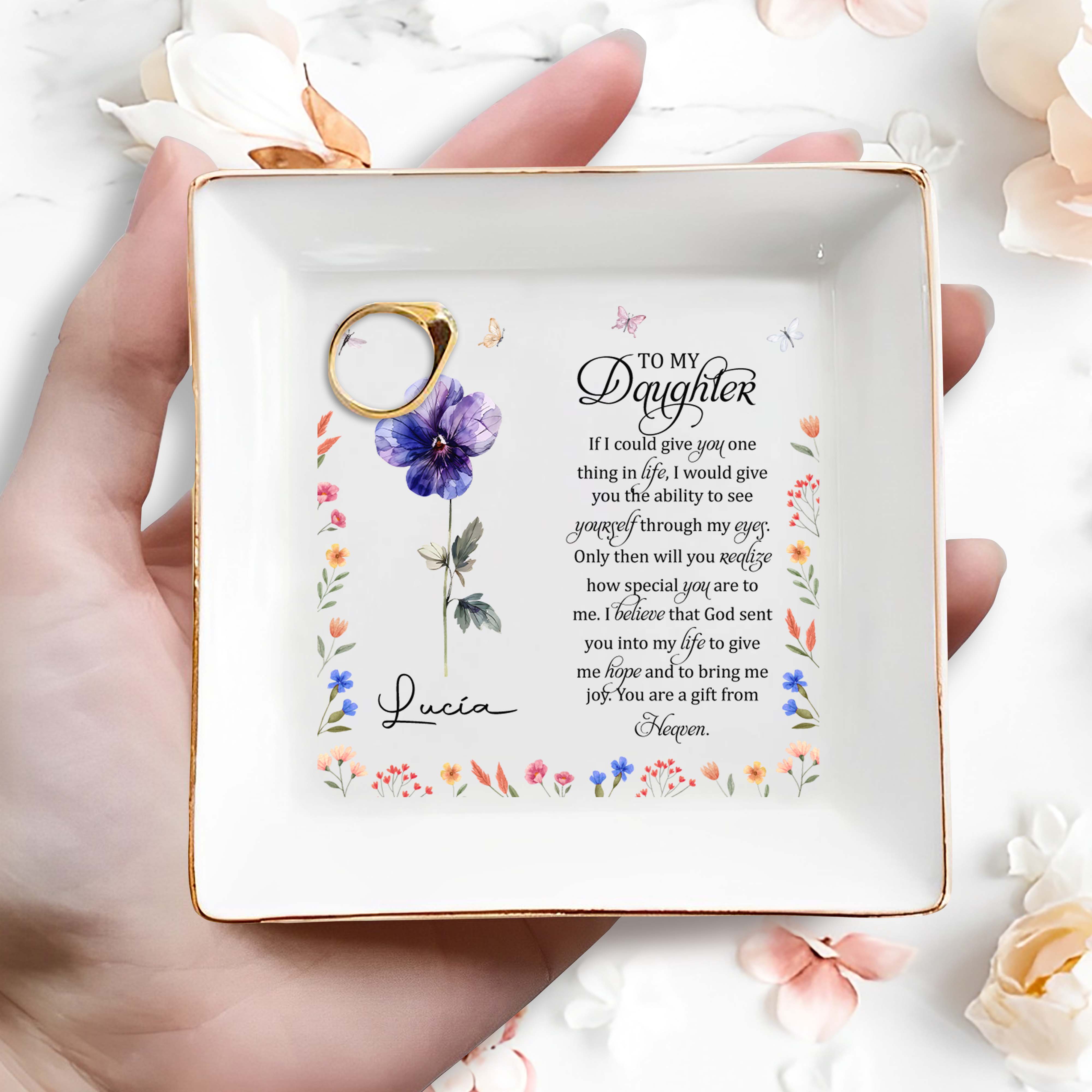 Gift From Heaven Quote With Flowers and Butterflies - Personalized Custom Jewelry Dish - FAM115_SCRD