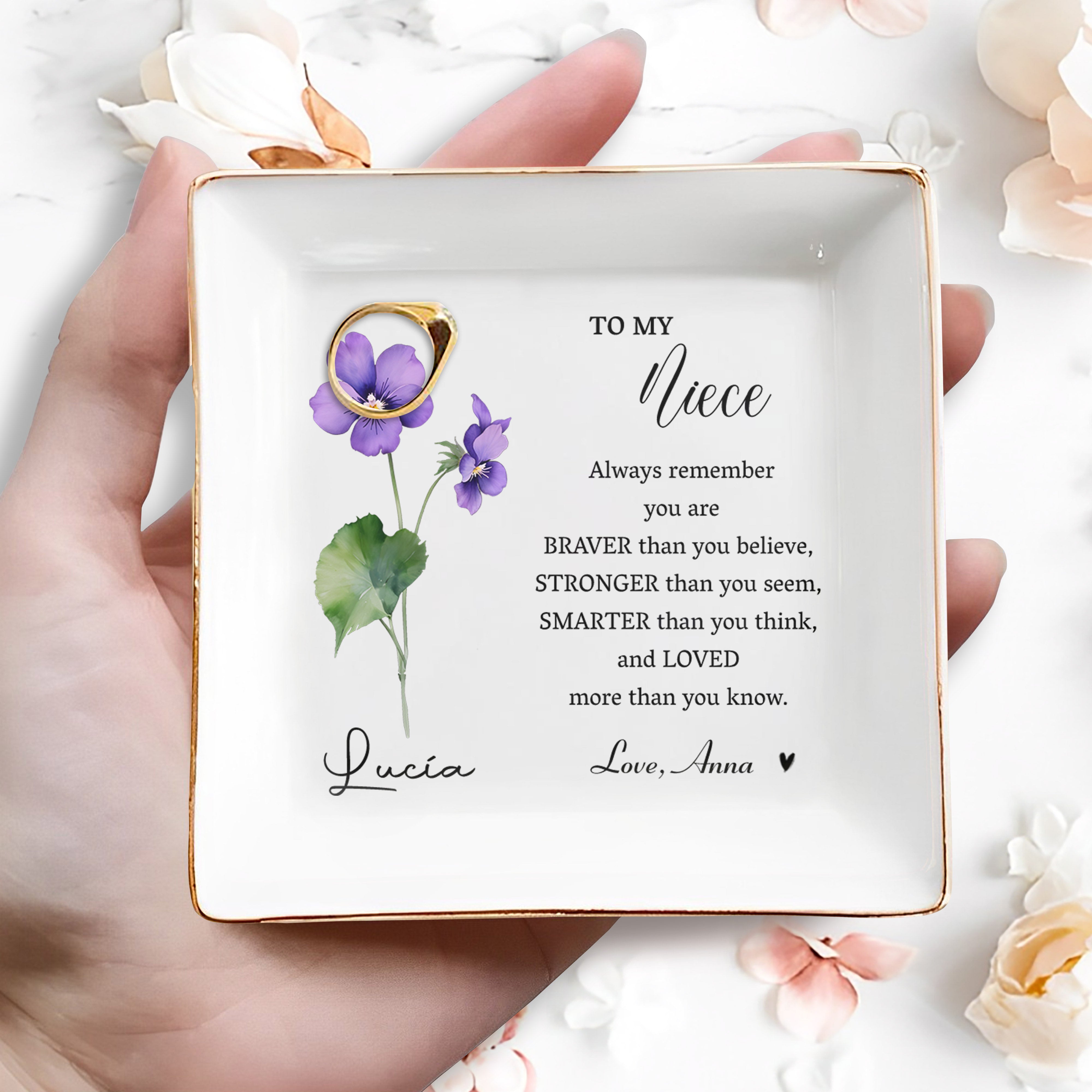 Always Remember You Are Braver, Stronger, Smarter, With Violet Flowers - Personalized Custom Jewelry Dish - FAM117_SCRD