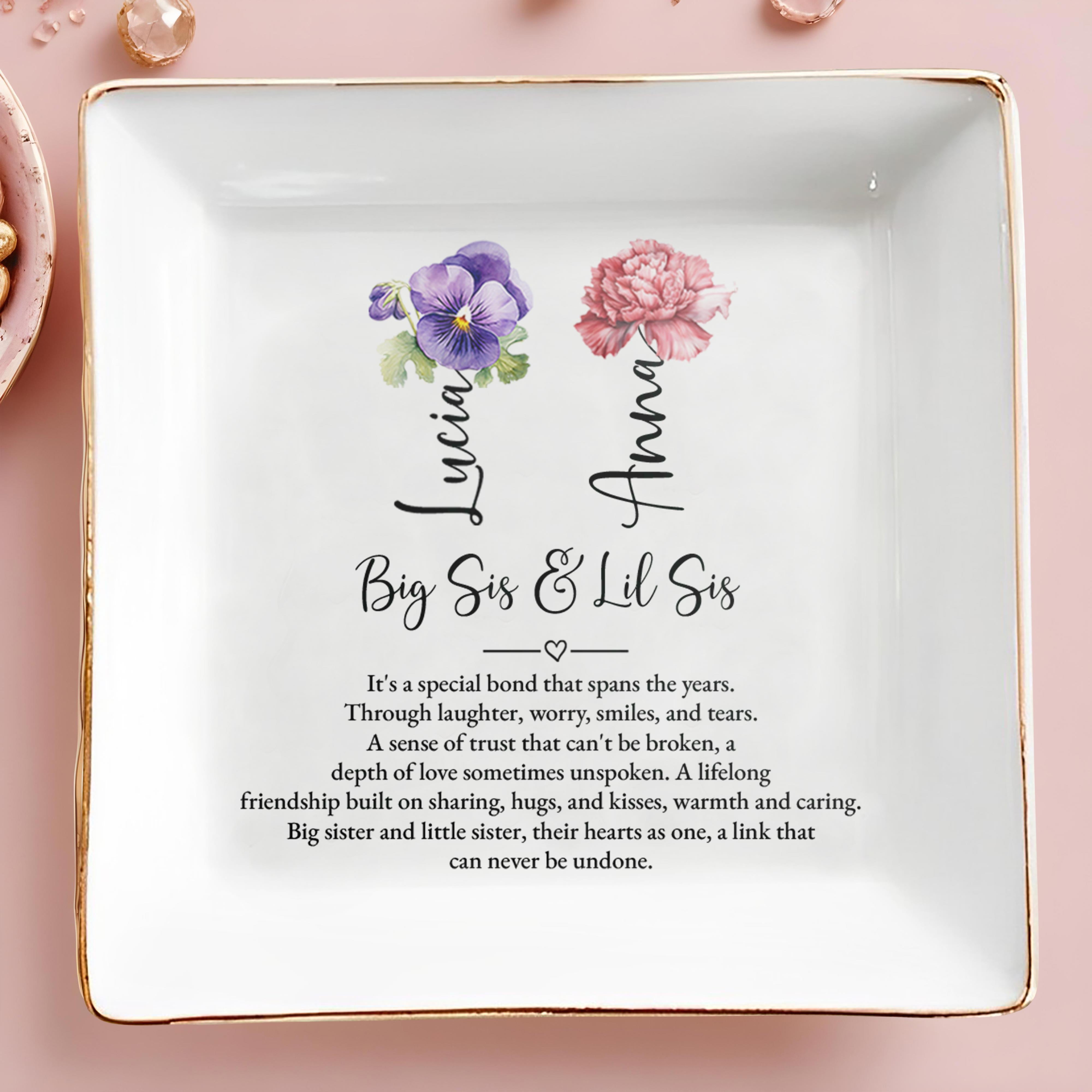 Big Sis & Lil Sis Special Bond With Flowers Design - Personalized Custom Jewelry Dish - FAM134_SCRD
