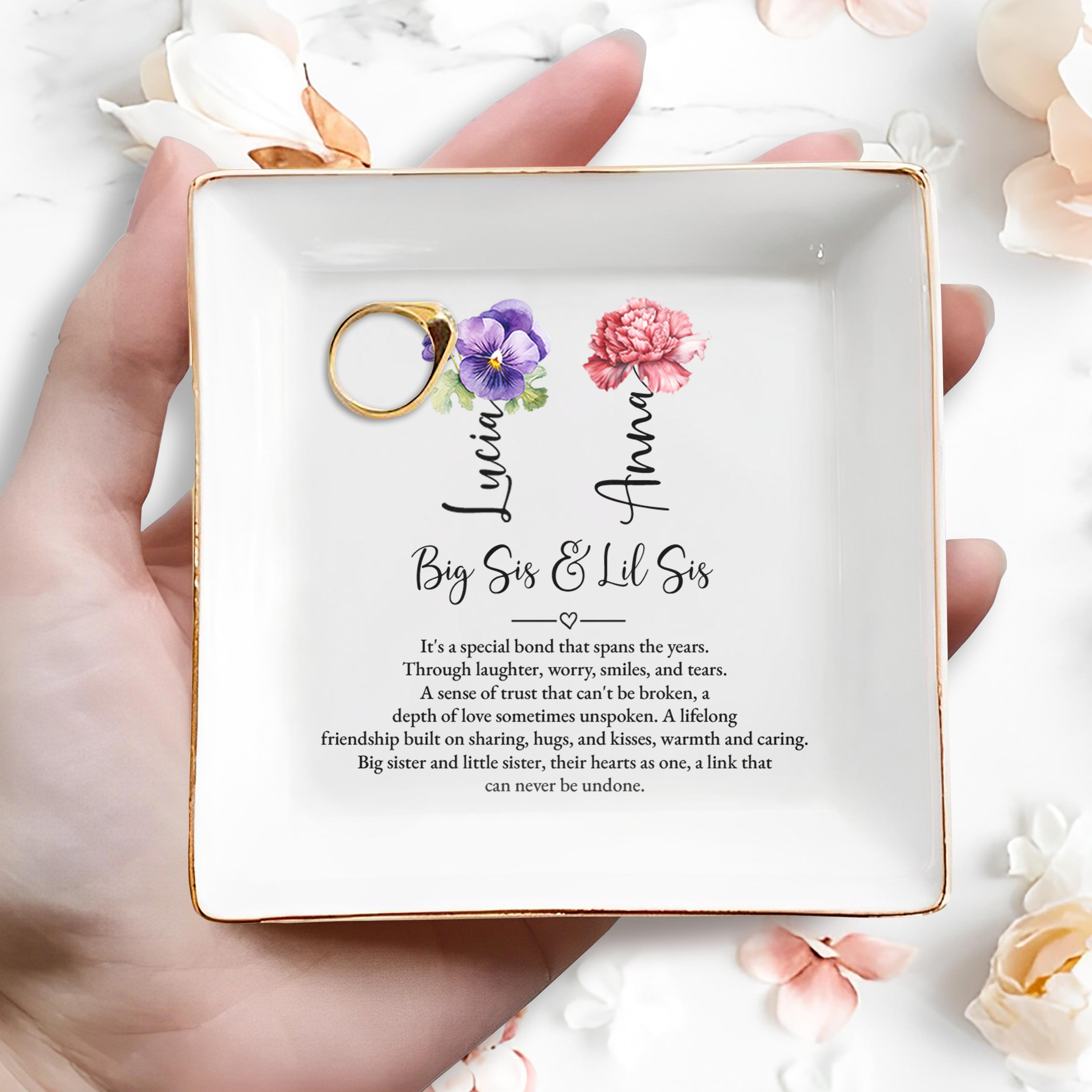 Big Sis & Lil Sis Special Bond With Flowers Design - Personalized Custom Jewelry Dish - FAM134_SCRD