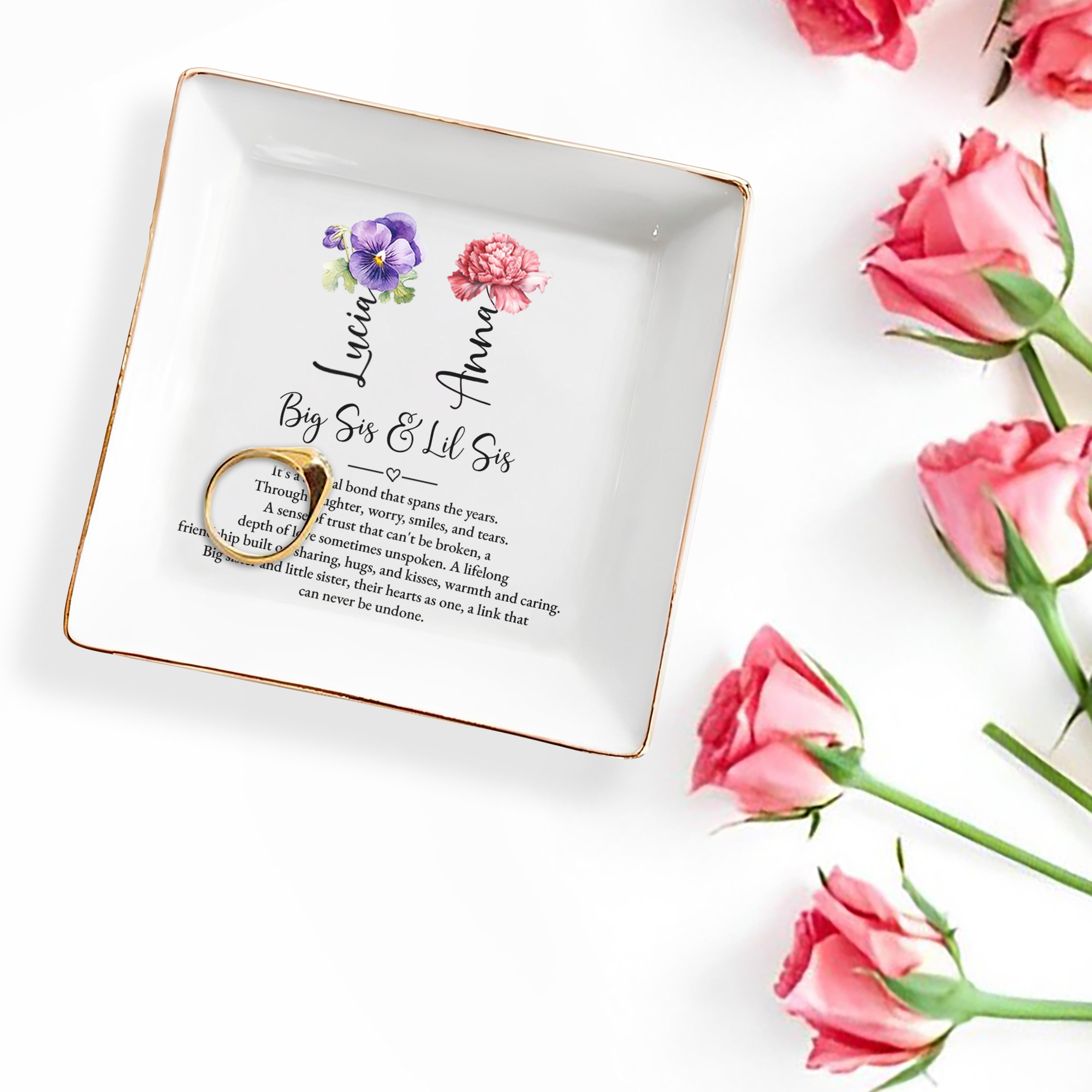 Big Sis & Lil Sis Special Bond With Flowers Design - Personalized Custom Jewelry Dish - FAM134_SCRD