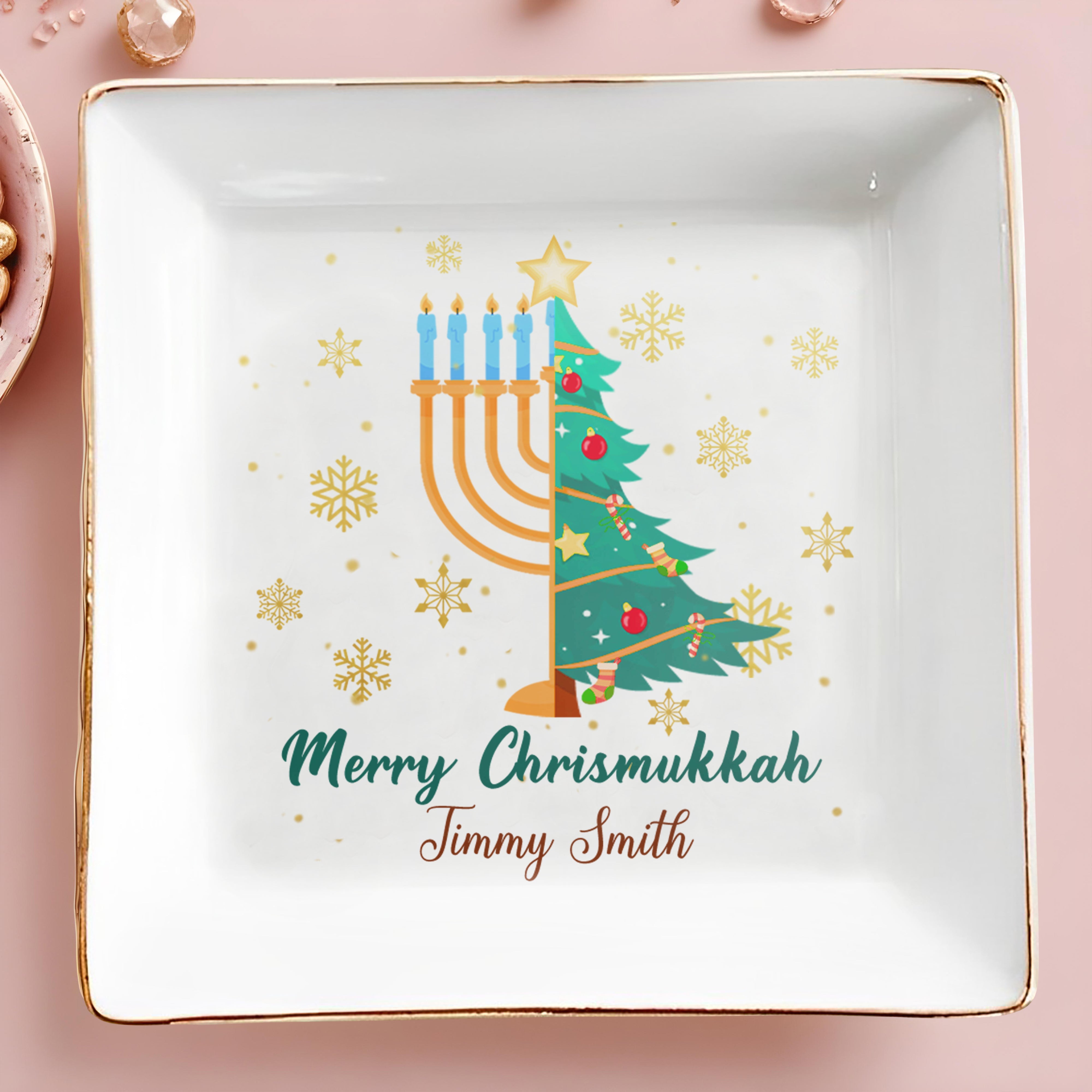 Merry Chrismukkah Christmas Tree And Menorah Design - Personalized Custom Jewelry Dish - FAM142_SCRD