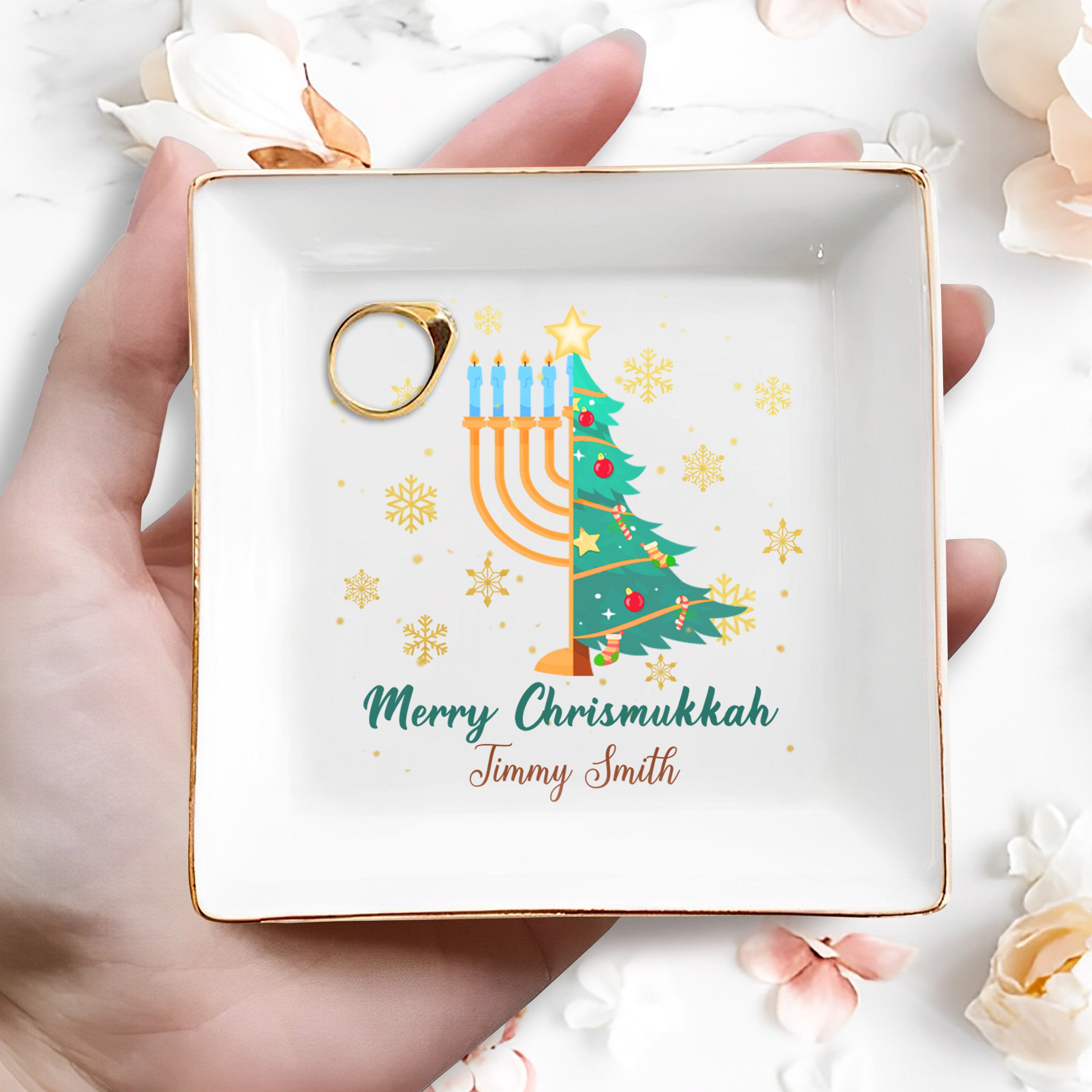 Merry Chrismukkah Christmas Tree And Menorah Design - Personalized Custom Jewelry Dish - FAM142_SCRD