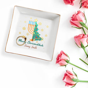 Merry Chrismukkah Christmas Tree And Menorah Design - Personalized Custom Jewelry Dish - FAM142_SCRD