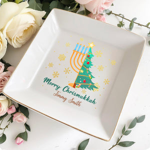 Merry Chrismukkah Christmas Tree And Menorah Design - Personalized Custom Jewelry Dish - FAM142_SCRD