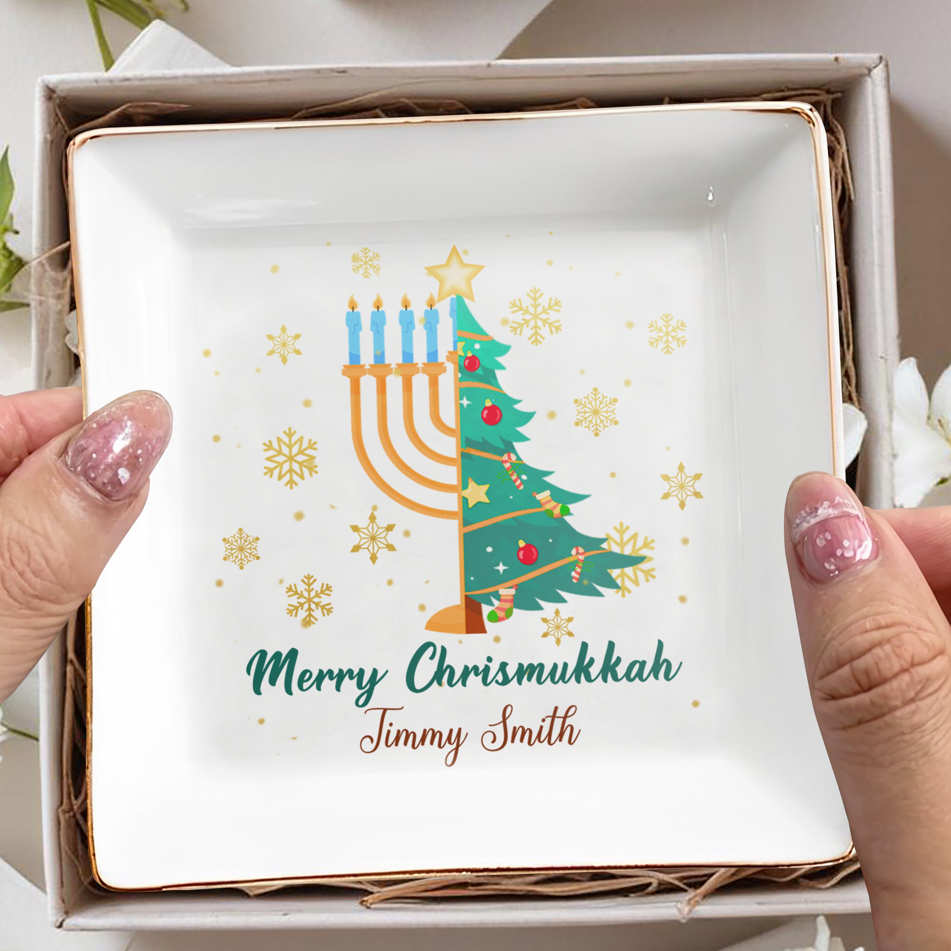 Merry Chrismukkah Christmas Tree And Menorah Design - Personalized Custom Jewelry Dish - FAM142_SCRD