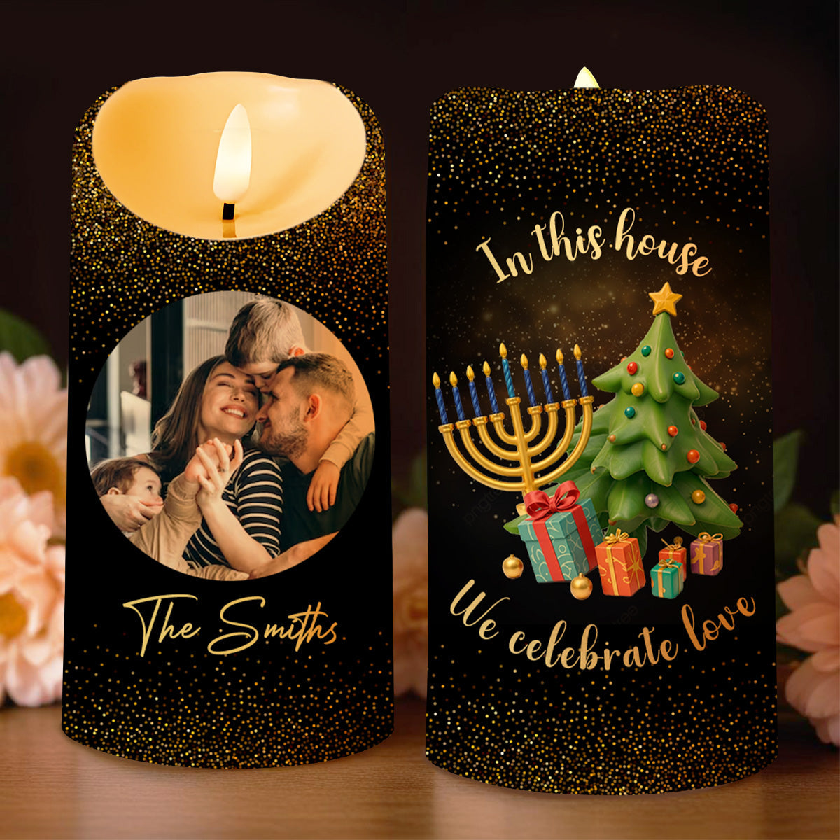 In This House We Celebrate Love With Menorah And Christmas Tree - Personalized Custom LED Candle - FAM150_LECA