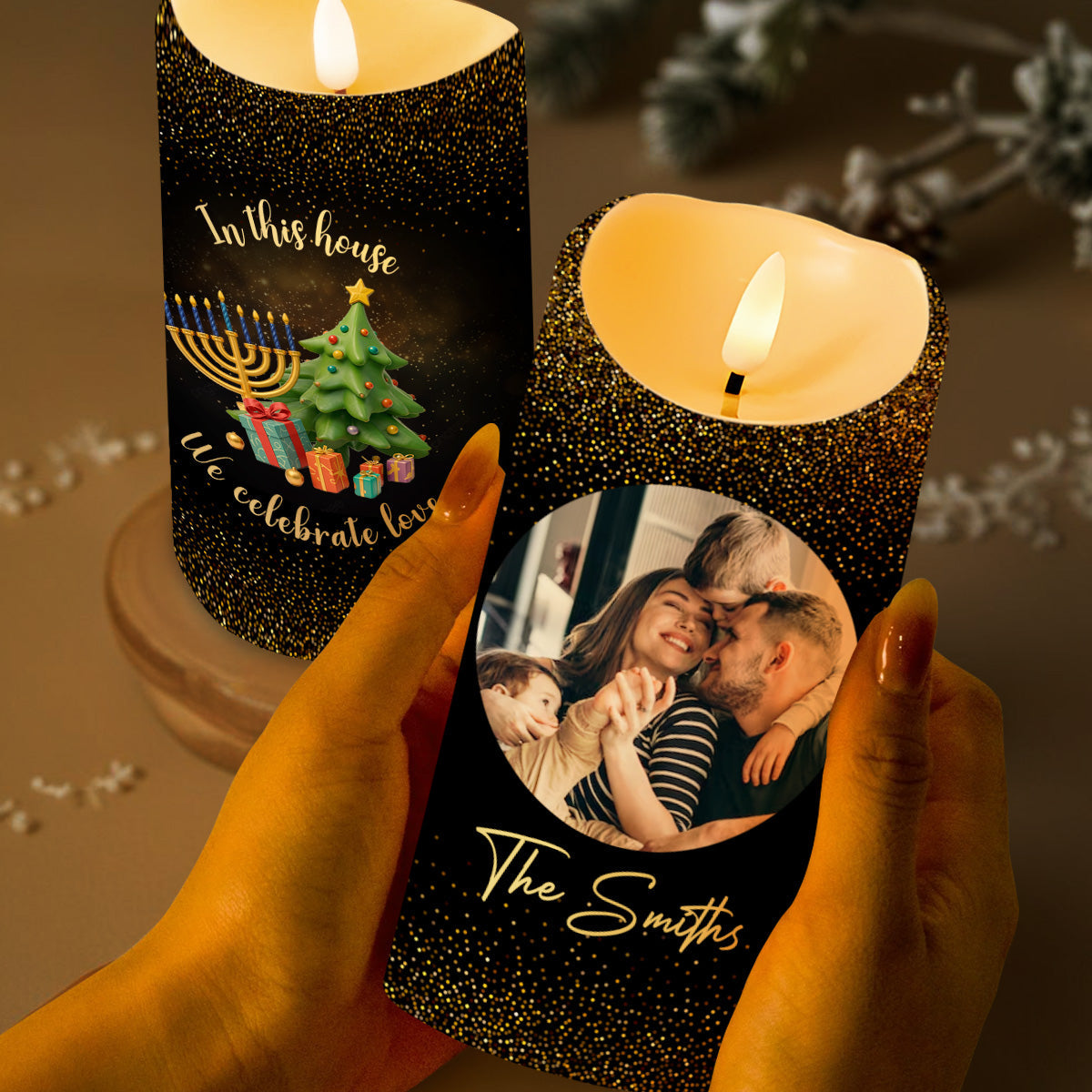 In This House We Celebrate Love With Menorah And Christmas Tree - Personalized Custom LED Candle - FAM150_LECA