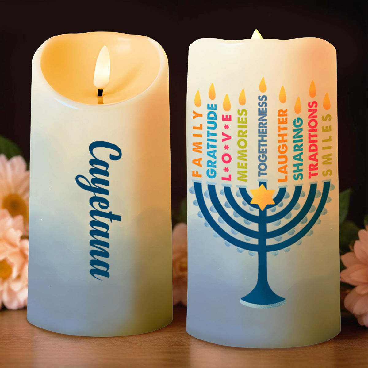 Family Gratitude And Love Menorah Design - Personalized Custom LED Candle - FAM154_LECA