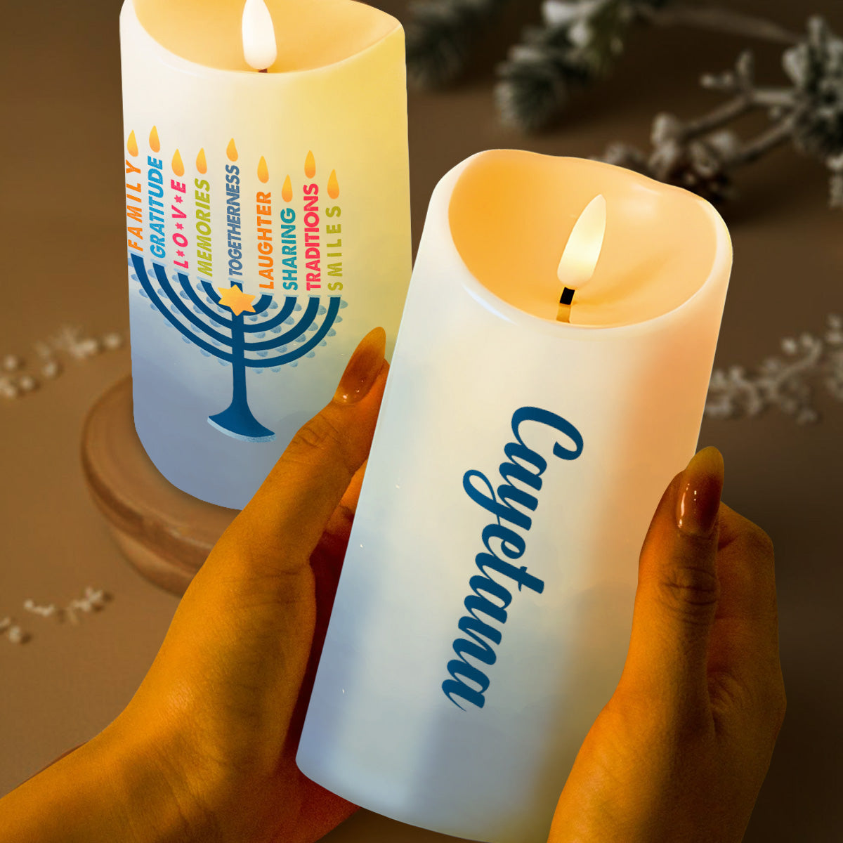 Family Gratitude And Love Menorah Design - Personalized Custom LED Candle - FAM154_LECA