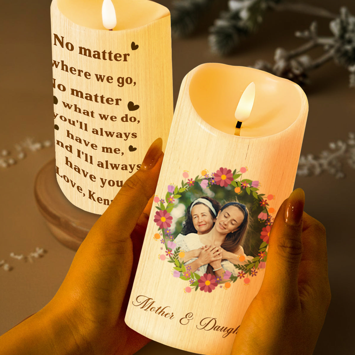 No Matter Where We Go, Always Have Each Other Floral Wreath Design - Personalized Custom LED Candle - FAM184_LECA