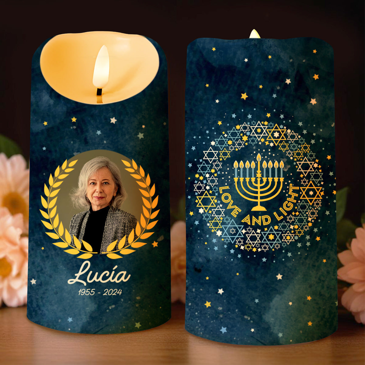 Love And Light Menorah And Stars Design - Personalized Custom LED Candle - FAM208_LECA
