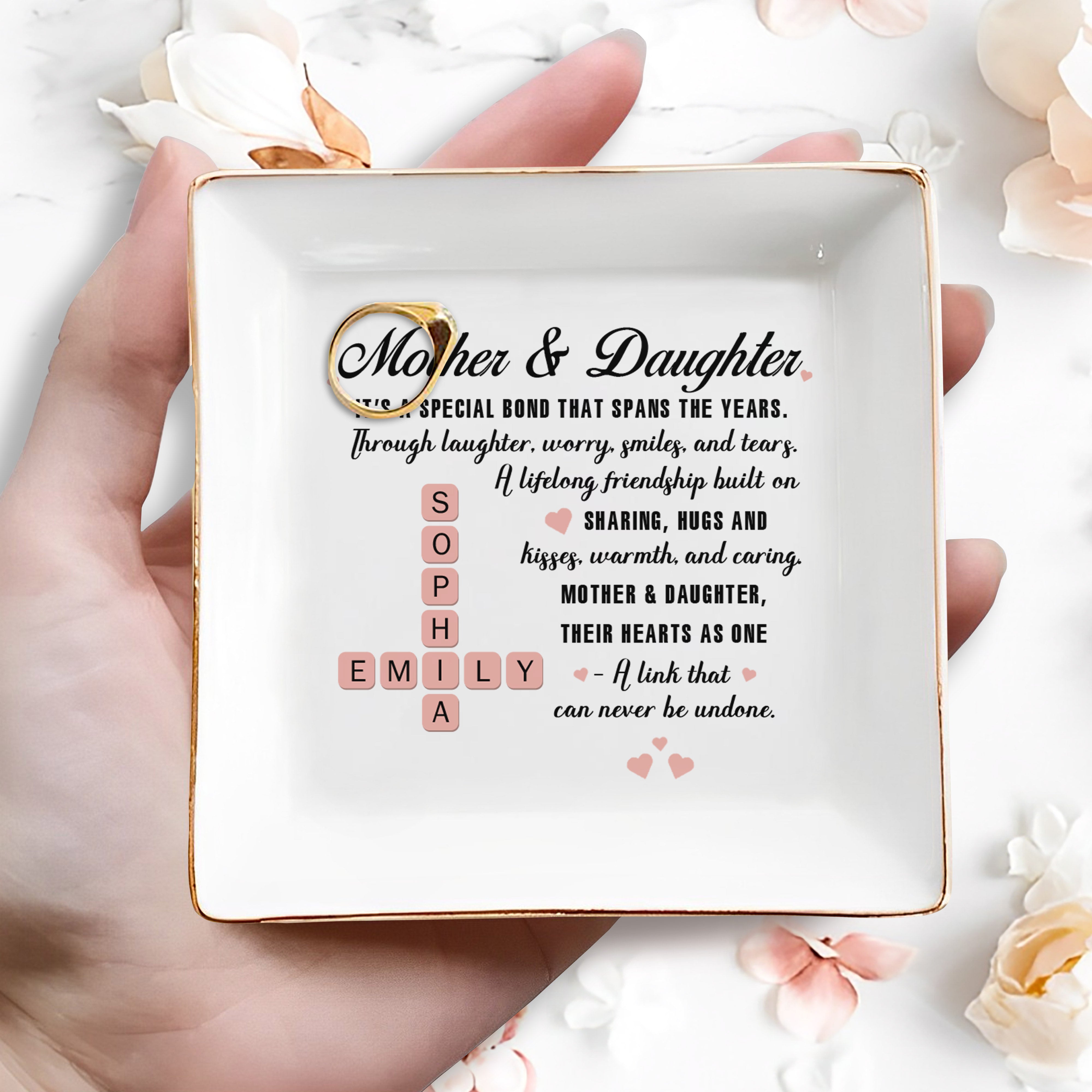 Mother & Daughter Lifelong Friendship With Hearts - Personalized Custom Jewelry Dish - FAM213_SCRD