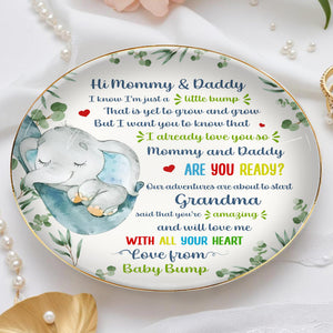 Hi Mommy & Daddy, I Know I'm Just A Little Bump, Elephant and Hearts - Personalized Custom Jewelry Dish, Ceramic Dish, Round Shape - FAM290_RCRF
