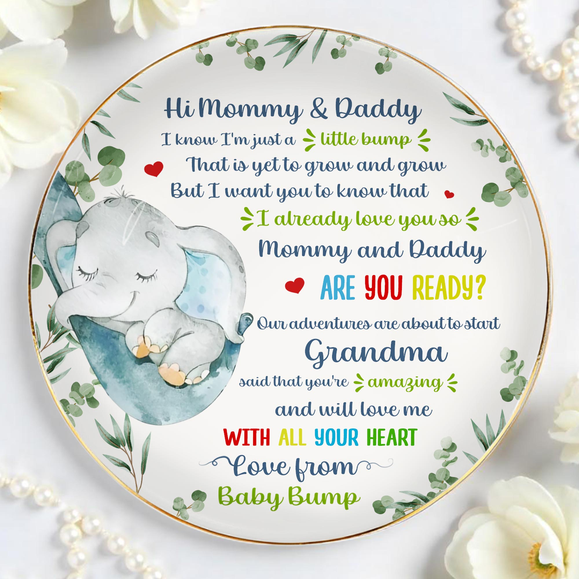 Hi Mommy & Daddy, I Know I'm Just A Little Bump, Elephant and Hearts - Personalized Custom Jewelry Dish, Ceramic Dish, Round Shape - FAM290_RCRF