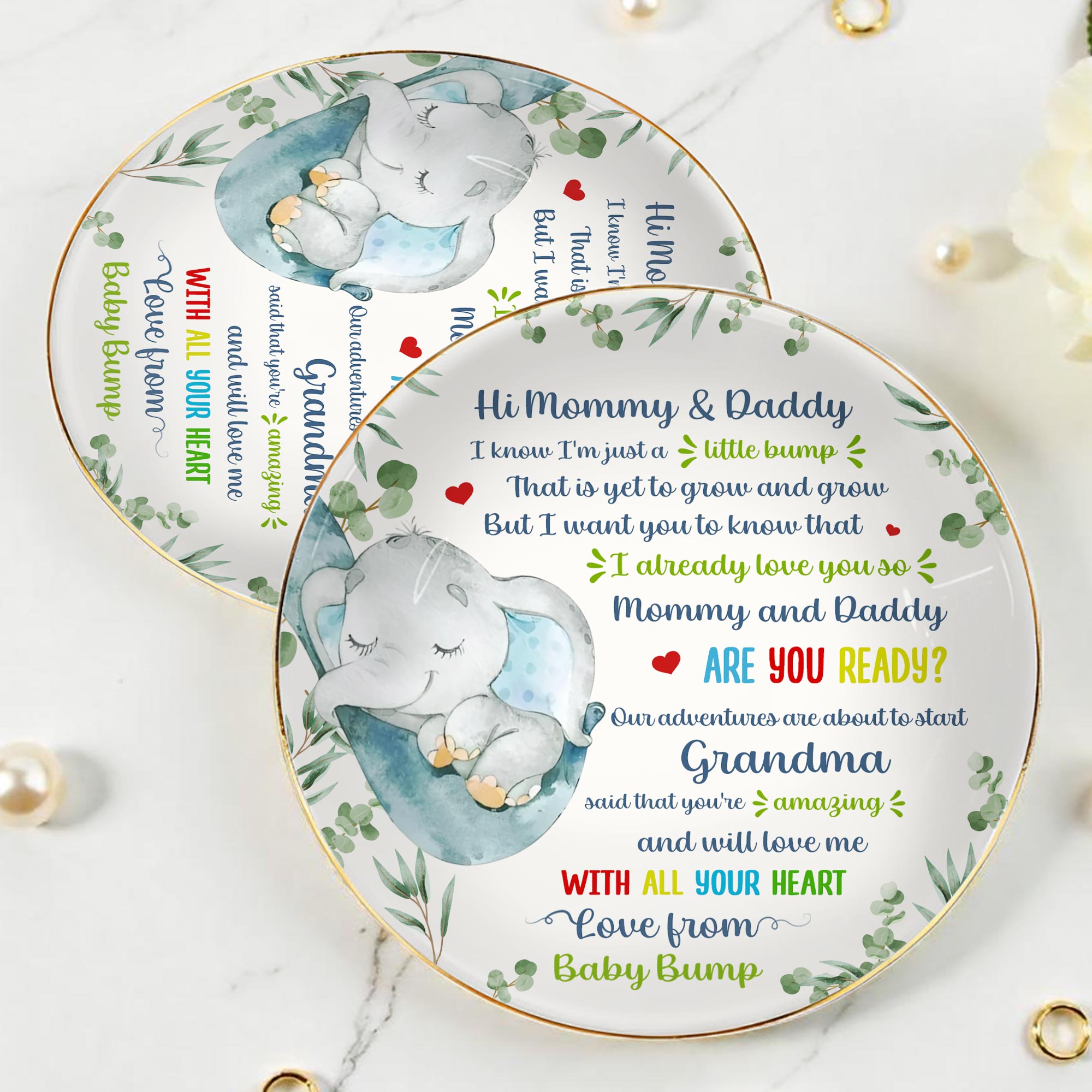 Hi Mommy & Daddy, I Know I'm Just A Little Bump, Elephant and Hearts - Personalized Custom Jewelry Dish, Ceramic Dish, Round Shape - FAM290_RCRF