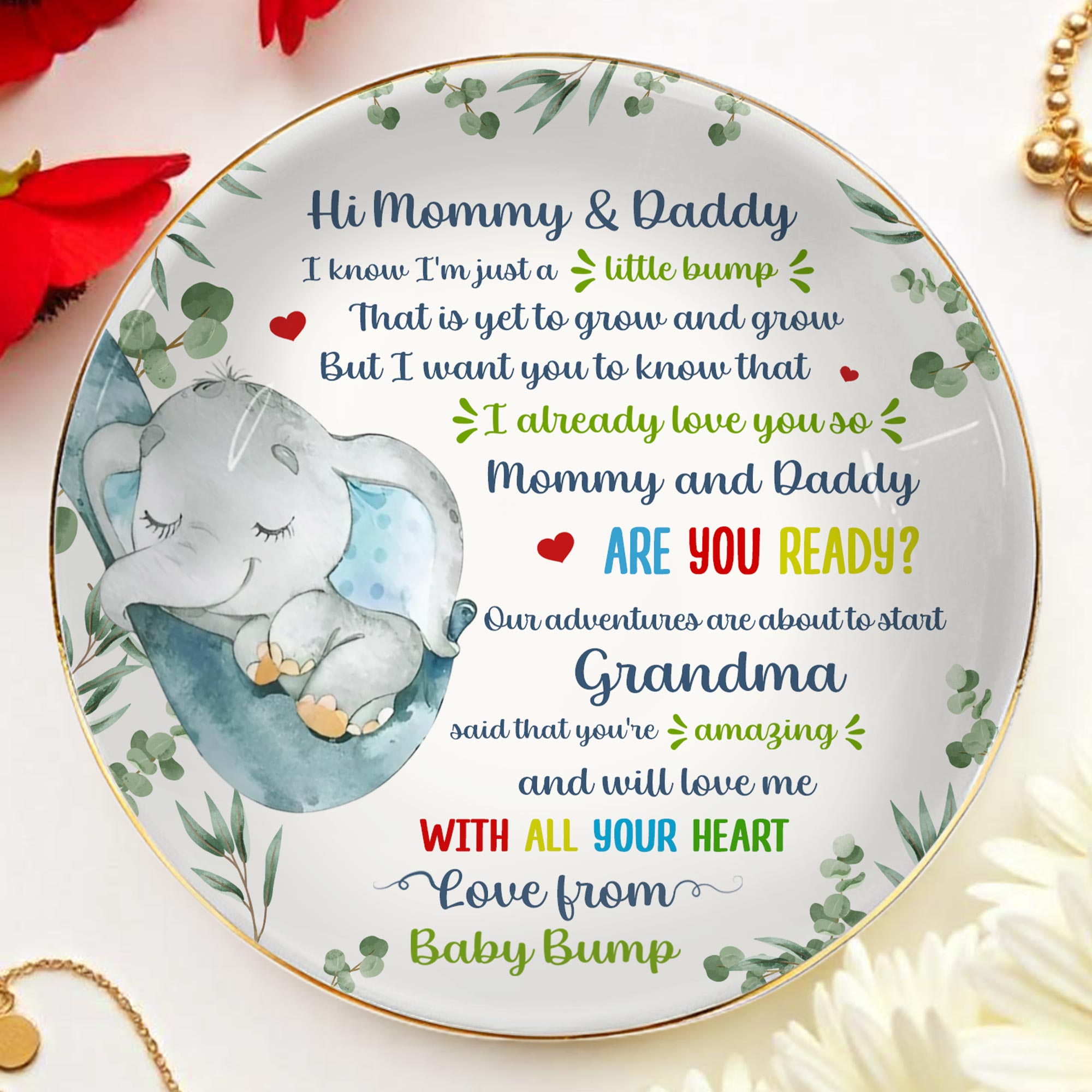 Hi Mommy & Daddy, I Know I'm Just A Little Bump, Elephant and Hearts - Personalized Custom Jewelry Dish, Ceramic Dish, Round Shape - FAM290_RCRF