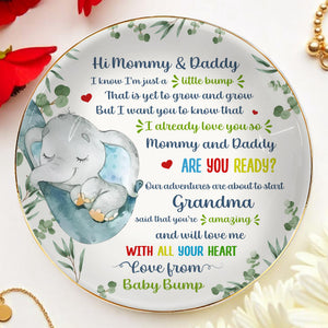 Hi Mommy & Daddy, I Know I'm Just A Little Bump, Elephant and Hearts - Personalized Custom Jewelry Dish, Ceramic Dish, Round Shape - FAM290_RCRF