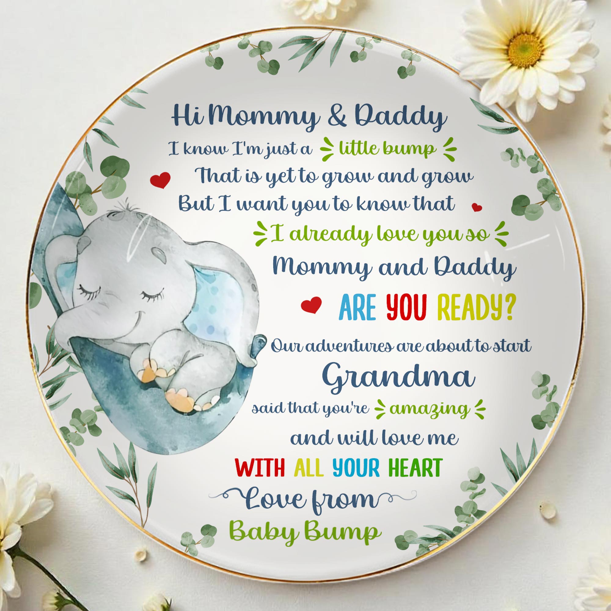 Hi Mommy & Daddy, I Know I'm Just A Little Bump, Elephant and Hearts - Personalized Custom Jewelry Dish, Ceramic Dish, Round Shape - FAM290_RCRF